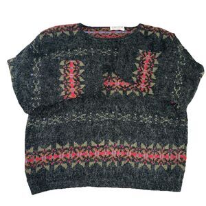 Vtg Hand Knit Sweater Womens Lrg Original From Maine Fair Isle Mohair Crewneck